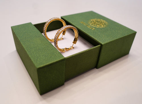 Round gold earrings with silver and white diamonds
